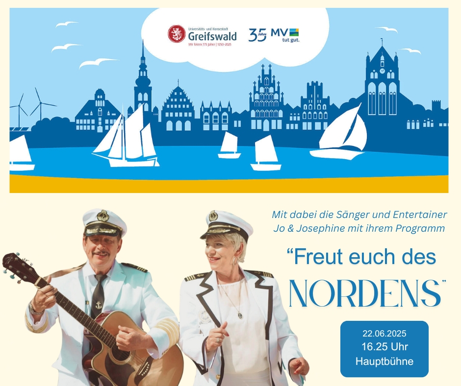 Jo und Josephine beim MV-Tag 2025 Greifswald Plakat Freut euch des Nordens Konzert Jo & Josephine